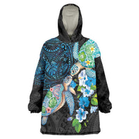 Hawaiian Couple Turtles Honi Wearable Blanket Hoodie Polynesian Art Motifs and Hibiscus Black Blue Color LT03 One Size Black - Polynesian Pride