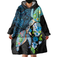 Hawaiian Couple Turtles Honi Wearable Blanket Hoodie Polynesian Art Motifs and Hibiscus Black Blue Color LT03 - Polynesian Pride