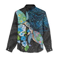 Hawaiian Couple Turtles Honi Women Casual Shirt Polynesian Art Motifs and Hibiscus Black Blue Color LT03 - Polynesian Pride