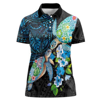 Hawaiian Couple Turtles Honi Women Polo Shirt Polynesian Art Motifs and Hibiscus Black Blue Color LT03 Female Black - Polynesian Pride