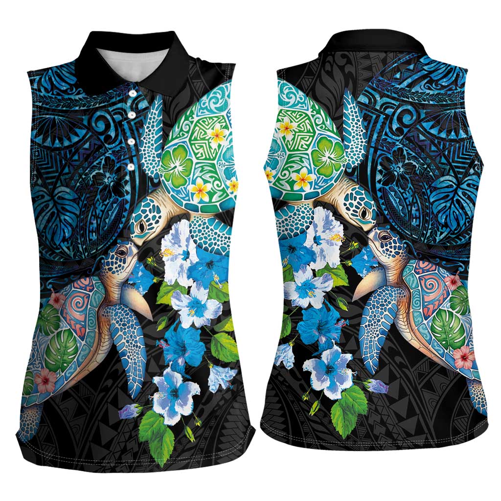 Hawaiian Couple Turtles Honi Women Sleeveless Polo Shirt Polynesian Art Motifs and Hibiscus Black Blue Color LT03 - Polynesian Pride