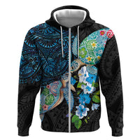 Hawaiian Couple Turtles Honi Zip Hoodie Polynesian Art Motifs and Hibiscus Black Blue Color LT03 Zip Hoodie Black - Polynesian Pride