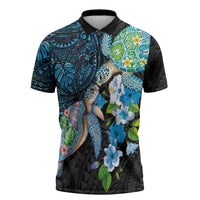 Hawaiian Couple Turtles Honi Zipper Polo Shirt Polynesian Art Motifs and Hibiscus Black Blue Color LT03 Black - Polynesian Pride