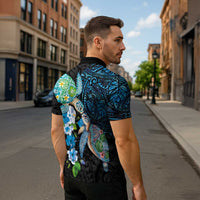 Hawaiian Couple Turtles Honi Zipper Polo Shirt Polynesian Art Motifs and Hibiscus Black Blue Color LT03 - Polynesian Pride