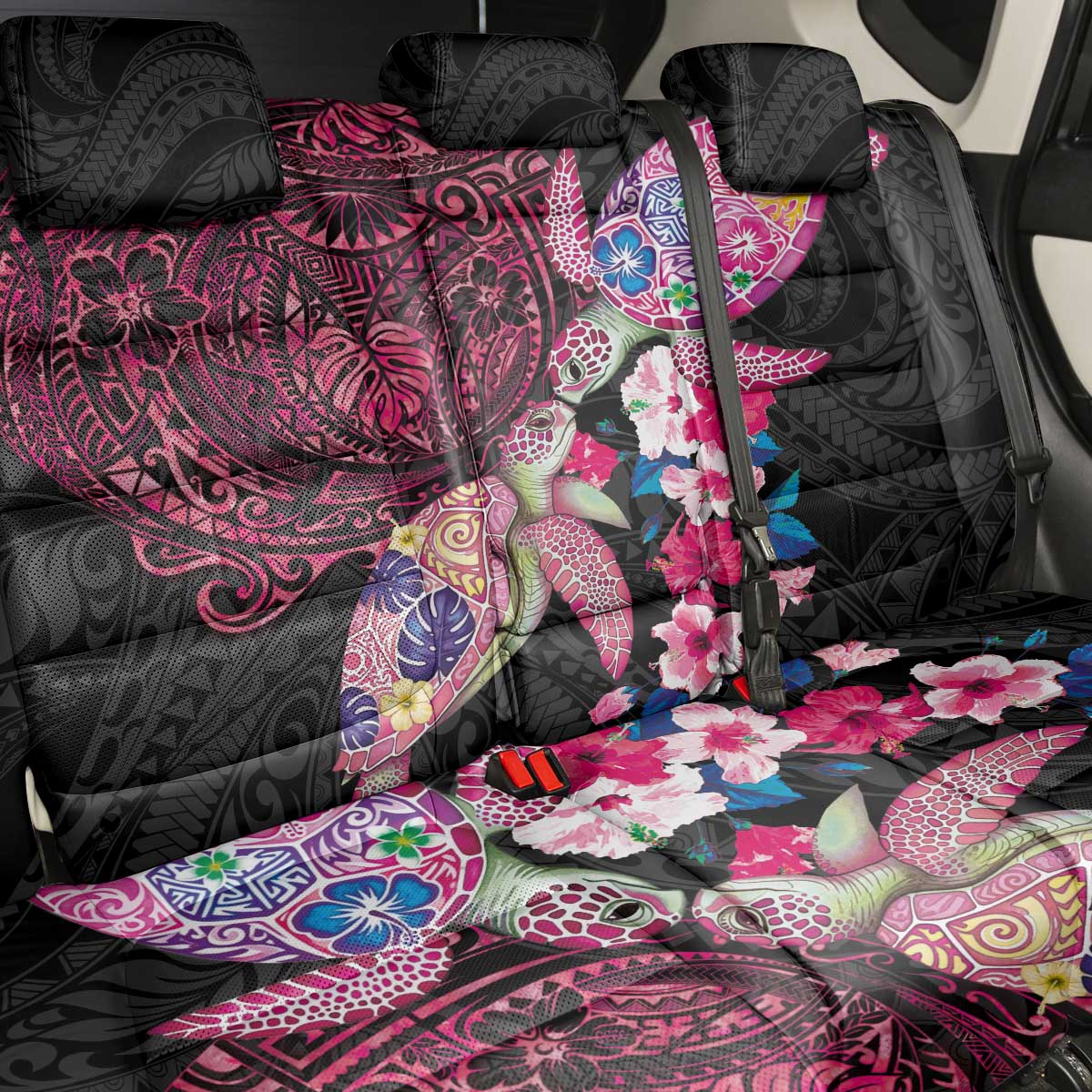 Hawaiian Couple Turtles Honi Back Car Seat Cover Polynesian Art Motifs and Hibiscus Black Red Color LT03 - Polynesian Pride