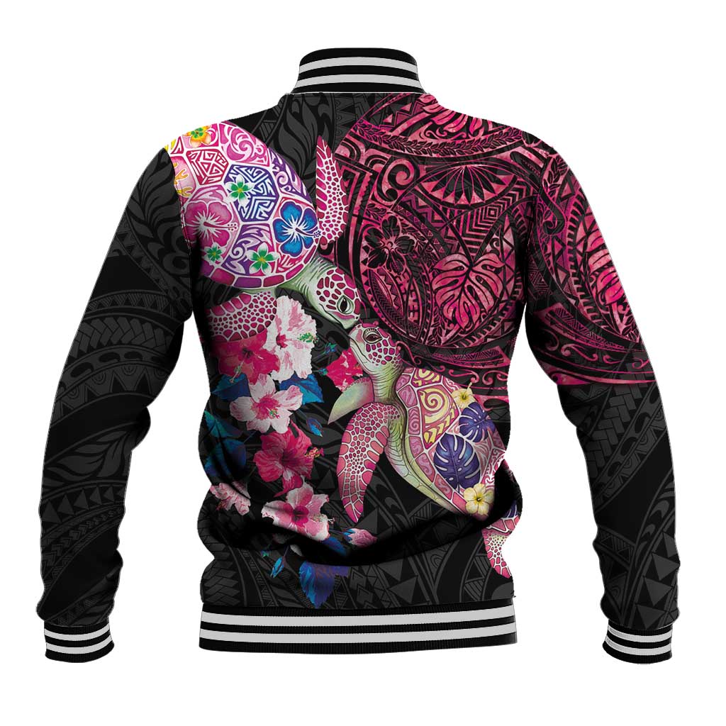 Hawaiian Couple Turtles Honi Baseball Jacket Polynesian Art Motifs and Hibiscus Black Red Color - Polynesian Pride
