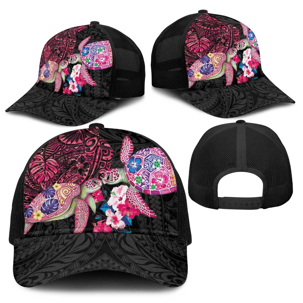 Hawaiian Couple Turtles Honi Baseball Net Cap Polynesian Art Motifs and Hibiscus Black Red Color - Polynesian Pride