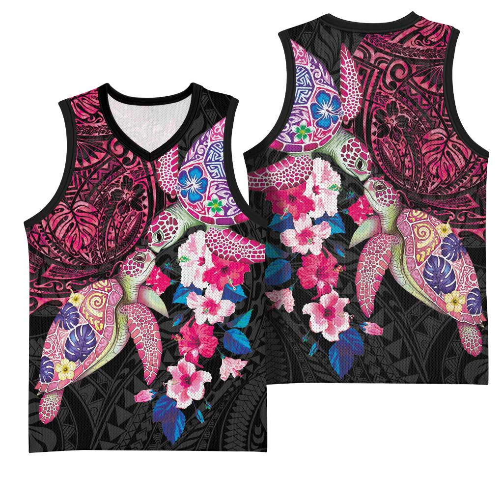 Hawaiian Couple Turtles Honi Basketball Jersey Polynesian Art Motifs and Hibiscus Black Red Color LT03 - Polynesian Pride