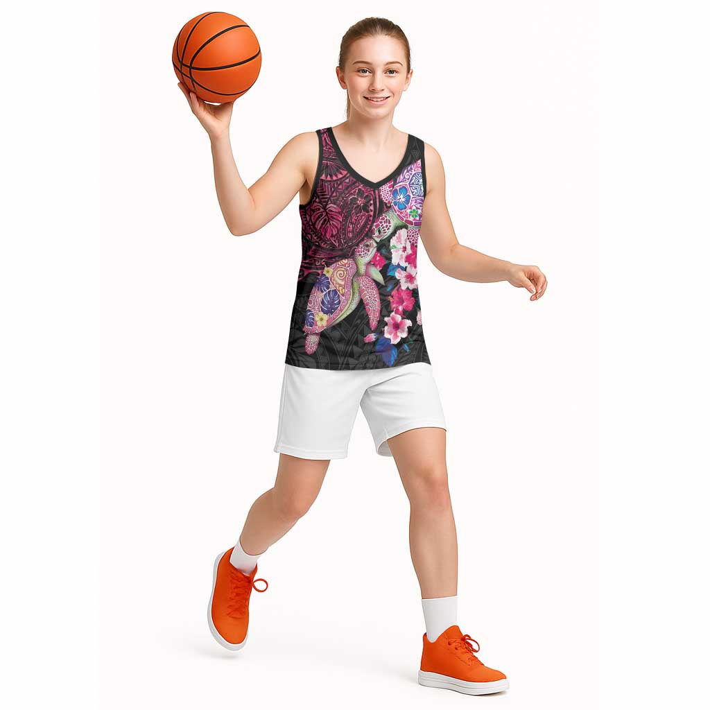 Hawaiian Couple Turtles Honi Basketball Jersey Polynesian Art Motifs and Hibiscus Black Red Color LT03 - Polynesian Pride