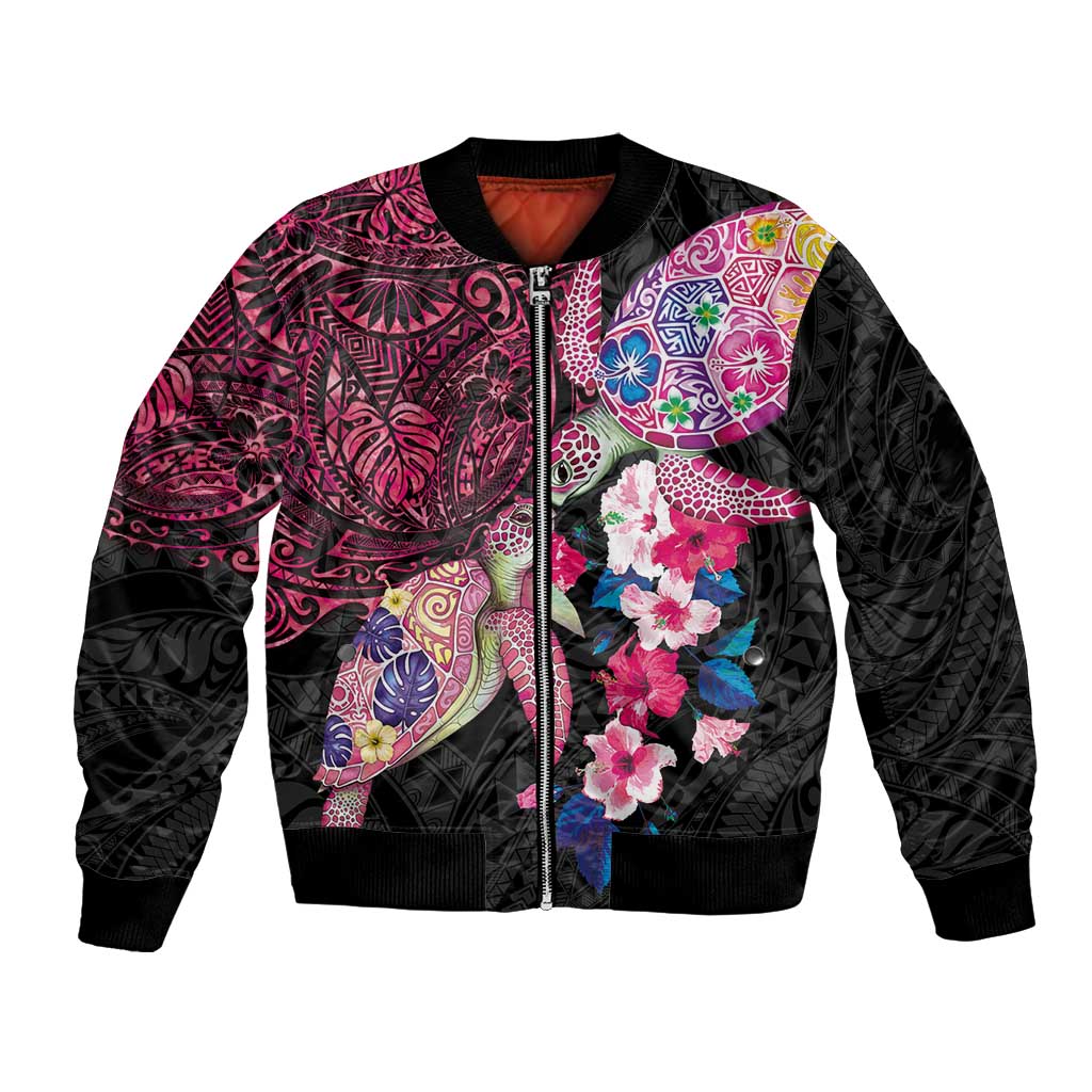 Hawaiian Couple Turtles Honi Bomber Jacket Polynesian Art Motifs and Hibiscus Black Red Color LT03 Unisex Black - Polynesian Pride