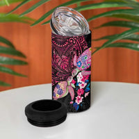 Hawaiian Couple Turtles Honi 4 in 1 Can Cooler Tumbler Polynesian Art Motifs and Hibiscus Black Red Color LT03 - Polynesian Pride