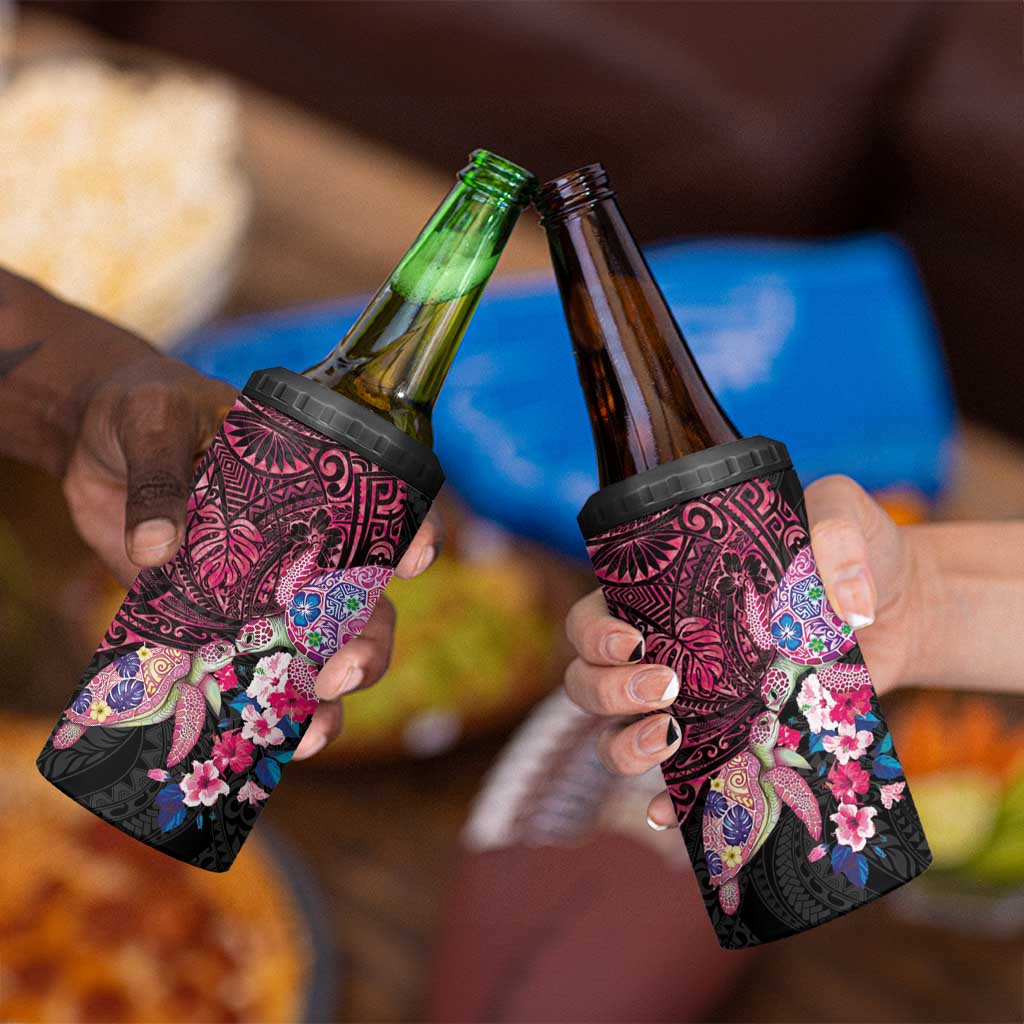 Hawaiian Couple Turtles Honi 4 in 1 Can Cooler Tumbler Polynesian Art Motifs and Hibiscus Black Red Color LT03 - Polynesian Pride