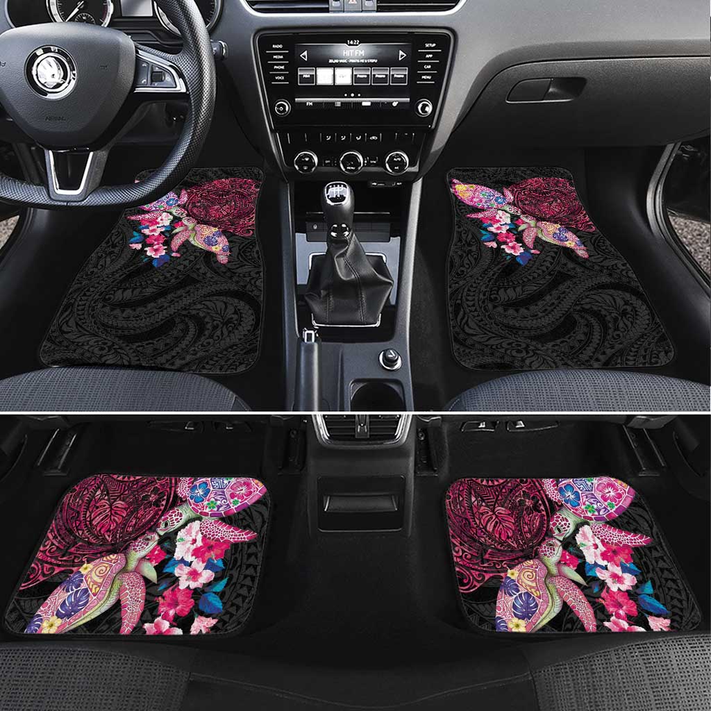 Hawaiian Couple Turtles Honi Car Mats Polynesian Art Motifs and Hibiscus Black Red Color - Polynesian Pride
