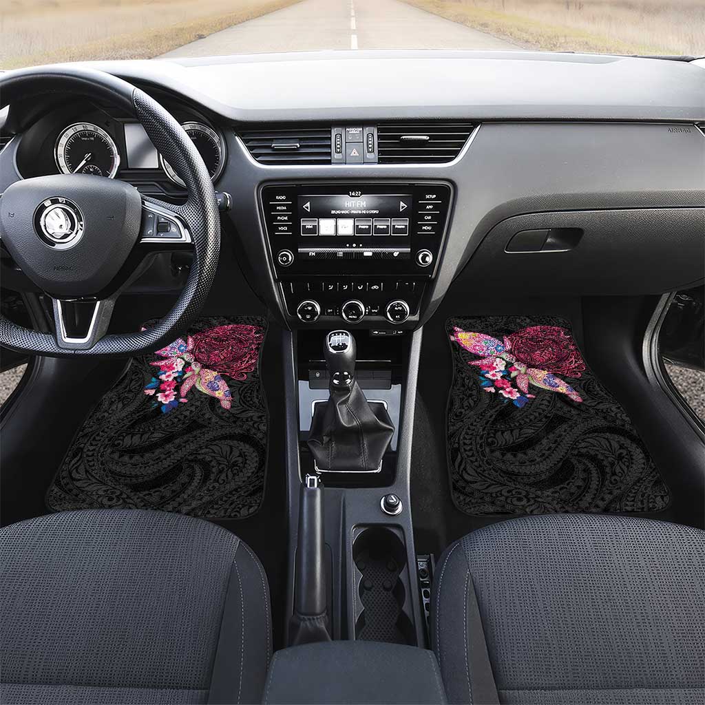 Hawaiian Couple Turtles Honi Car Mats Polynesian Art Motifs and Hibiscus Black Red Color - Polynesian Pride