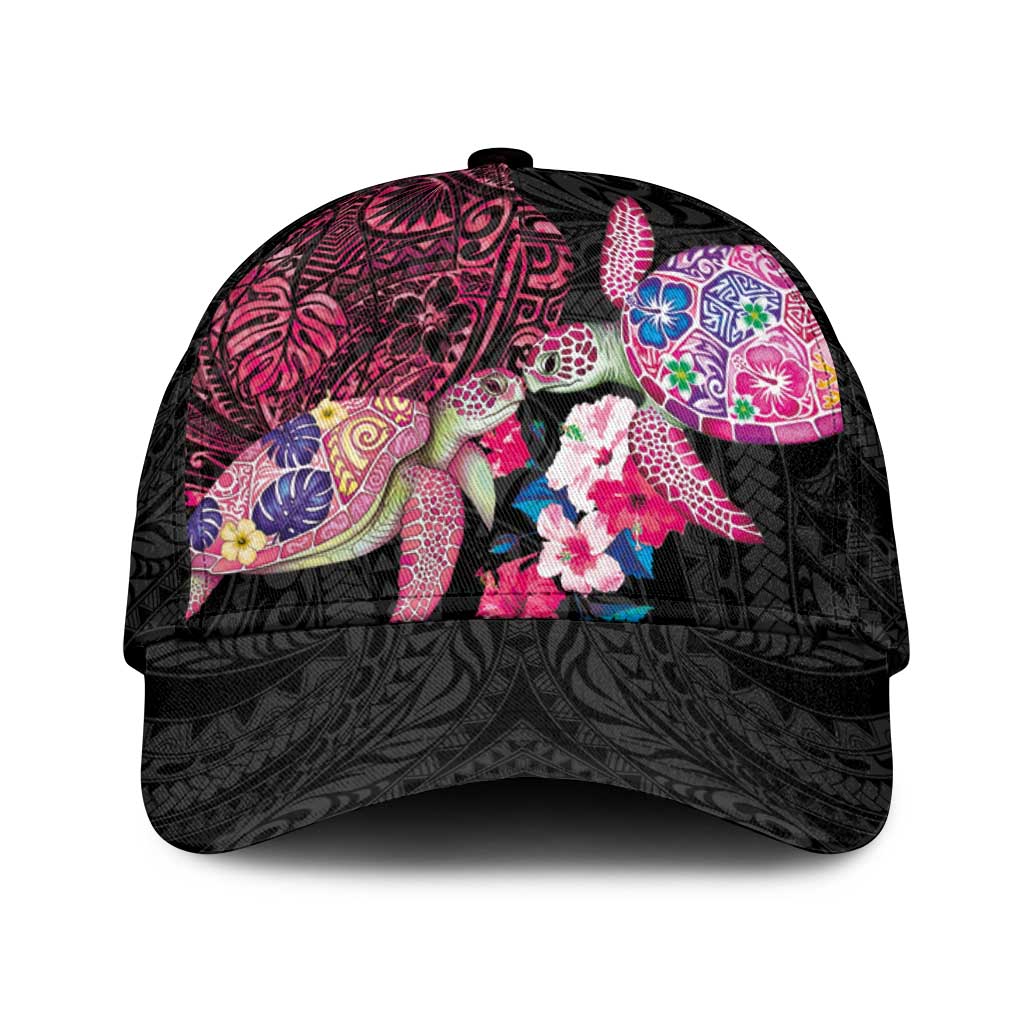 Hawaiian Couple Turtles Honi Classic Cap Polynesian Art Motifs and Hibiscus Black Red Color - Polynesian Pride