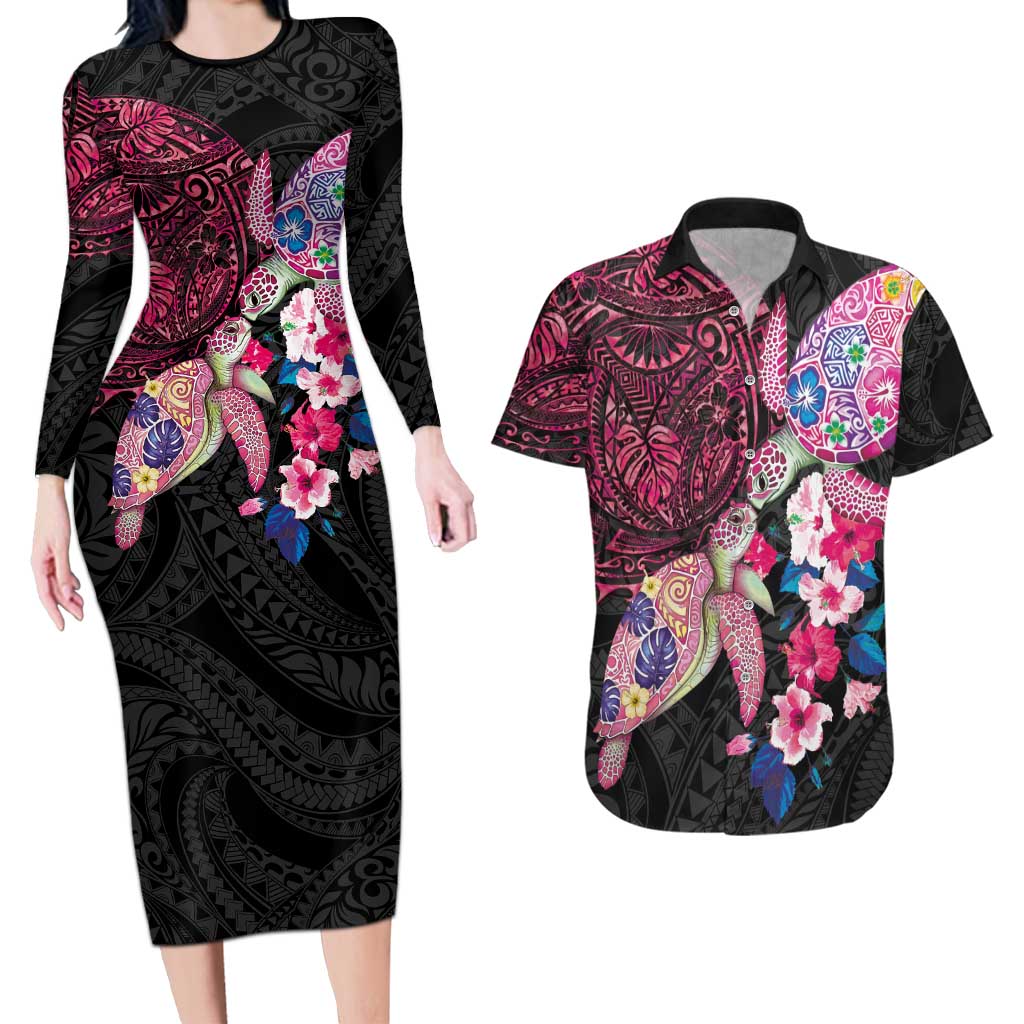 Hawaiian Couple Turtles Honi Couples Matching Long Sleeve Bodycon Dress and Hawaiian Shirt Polynesian Art Motifs and Hibiscus Black Red Color LT03 Black - Polynesian Pride