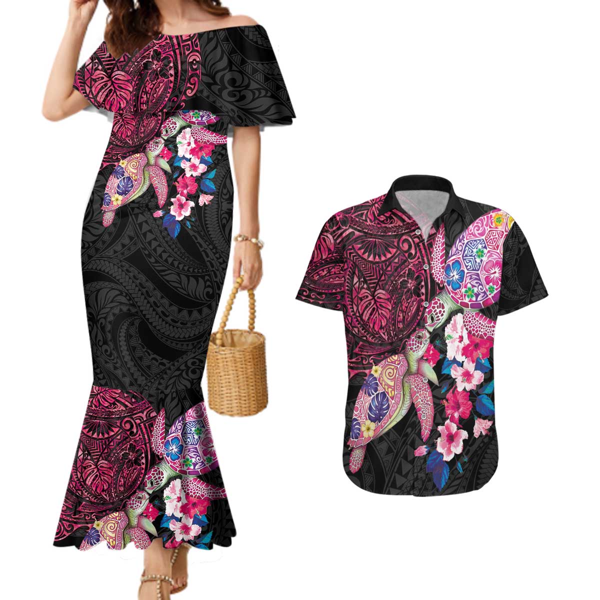 Hawaiian Couple Turtles Honi Couples Matching Mermaid Dress and Hawaiian Shirt Polynesian Art Motifs and Hibiscus Black Red Color LT03 Black - Polynesian Pride
