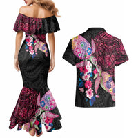 Hawaiian Couple Turtles Honi Couples Matching Mermaid Dress and Hawaiian Shirt Polynesian Art Motifs and Hibiscus Black Red Color LT03 - Polynesian Pride
