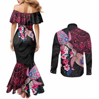 Hawaiian Couple Turtles Honi Couples Matching Mermaid Dress and Long Sleeve Button Shirt Polynesian Art Motifs and Hibiscus Black Red Color LT03 - Polynesian Pride