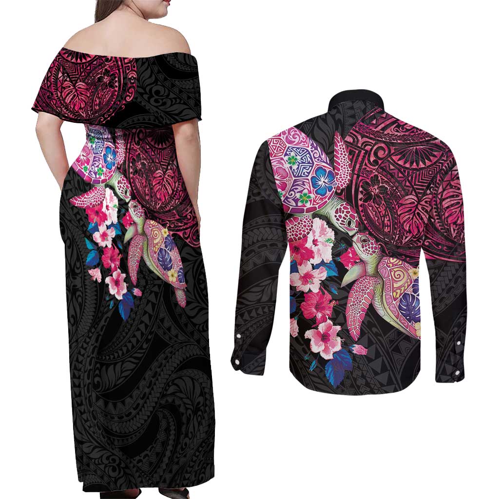Hawaiian Couple Turtles Honi Couples Matching Off Shoulder Maxi Dress and Long Sleeve Button Shirt Polynesian Art Motifs and Hibiscus Black Red Color LT03 - Polynesian Pride