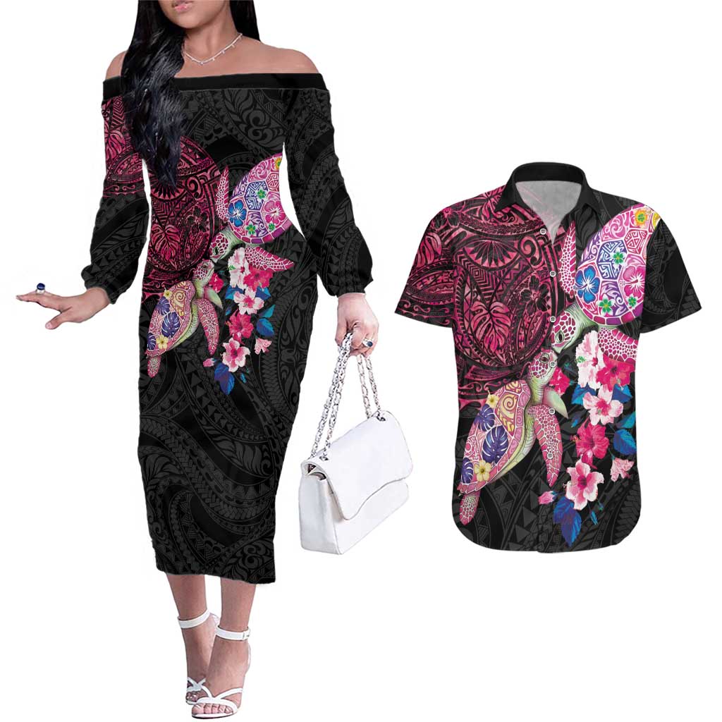 Hawaiian Couple Turtles Honi Couples Matching Off The Shoulder Long Sleeve Dress and Hawaiian Shirt Polynesian Art Motifs and Hibiscus Black Red Color - Polynesian Pride
