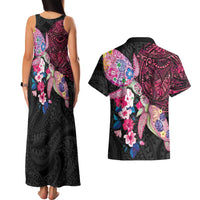 Hawaiian Couple Turtles Honi Couples Matching Tank Maxi Dress and Hawaiian Shirt Polynesian Art Motifs and Hibiscus Black Red Color LT03 - Polynesian Pride