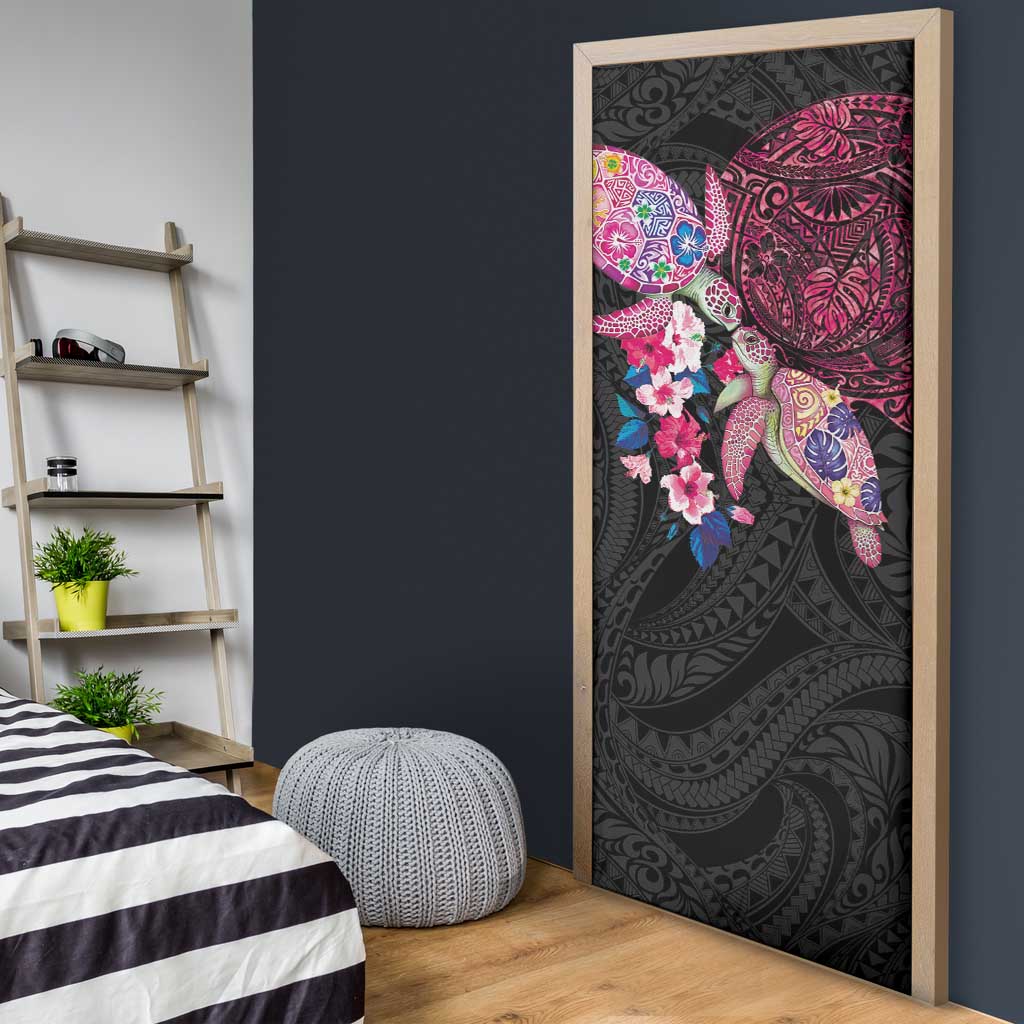 Hawaiian Couple Turtles Honi Door Cover Polynesian Art Motifs and Hibiscus Black Red Color LT03 - Polynesian Pride
