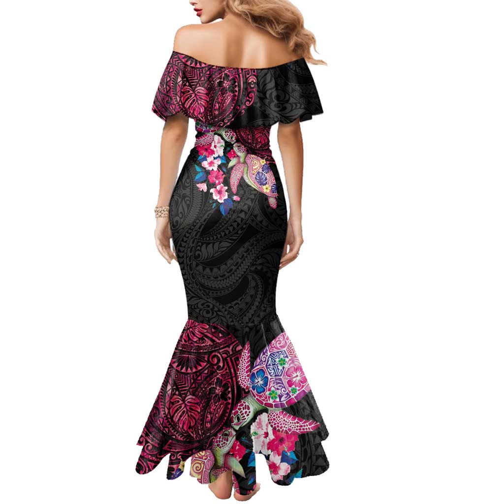 Hawaiian Couple Turtles Honi Family Matching Mermaid Dress and Hawaiian Shirt Polynesian Art Motifs and Hibiscus Black Red Color LT03 - Polynesian Pride