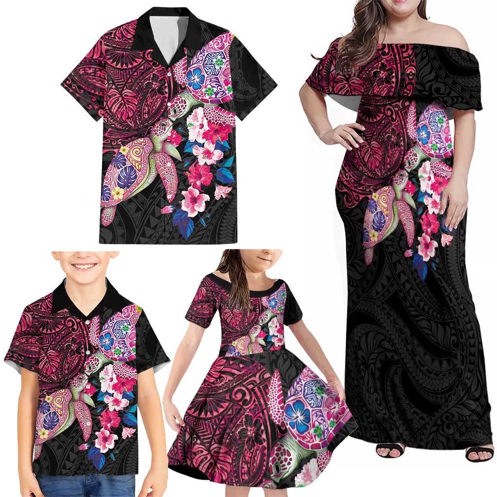 Hawaiian Couple Turtles Honi Family Matching Off Shoulder Maxi Dress and Hawaiian Shirt Polynesian Art Motifs and Hibiscus Black Red Color LT03 - Polynesian Pride