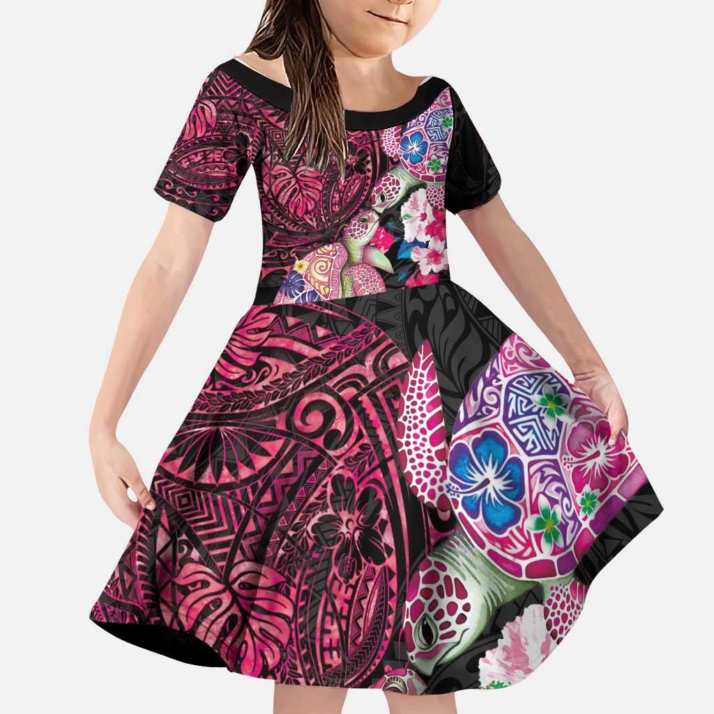 Hawaiian Couple Turtles Honi Family Matching Puletasi and Hawaiian Shirt Polynesian Art Motifs and Hibiscus Black Red Color LT03 Daughter's Dress Black - Polynesian Pride