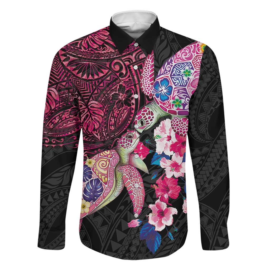 Hawaiian Couple Turtles Honi Family Matching Puletasi and Hawaiian Shirt Polynesian Art Motifs and Hibiscus Black Red Color LT03 Dad's Shirt - Long Sleeve Black - Polynesian Pride