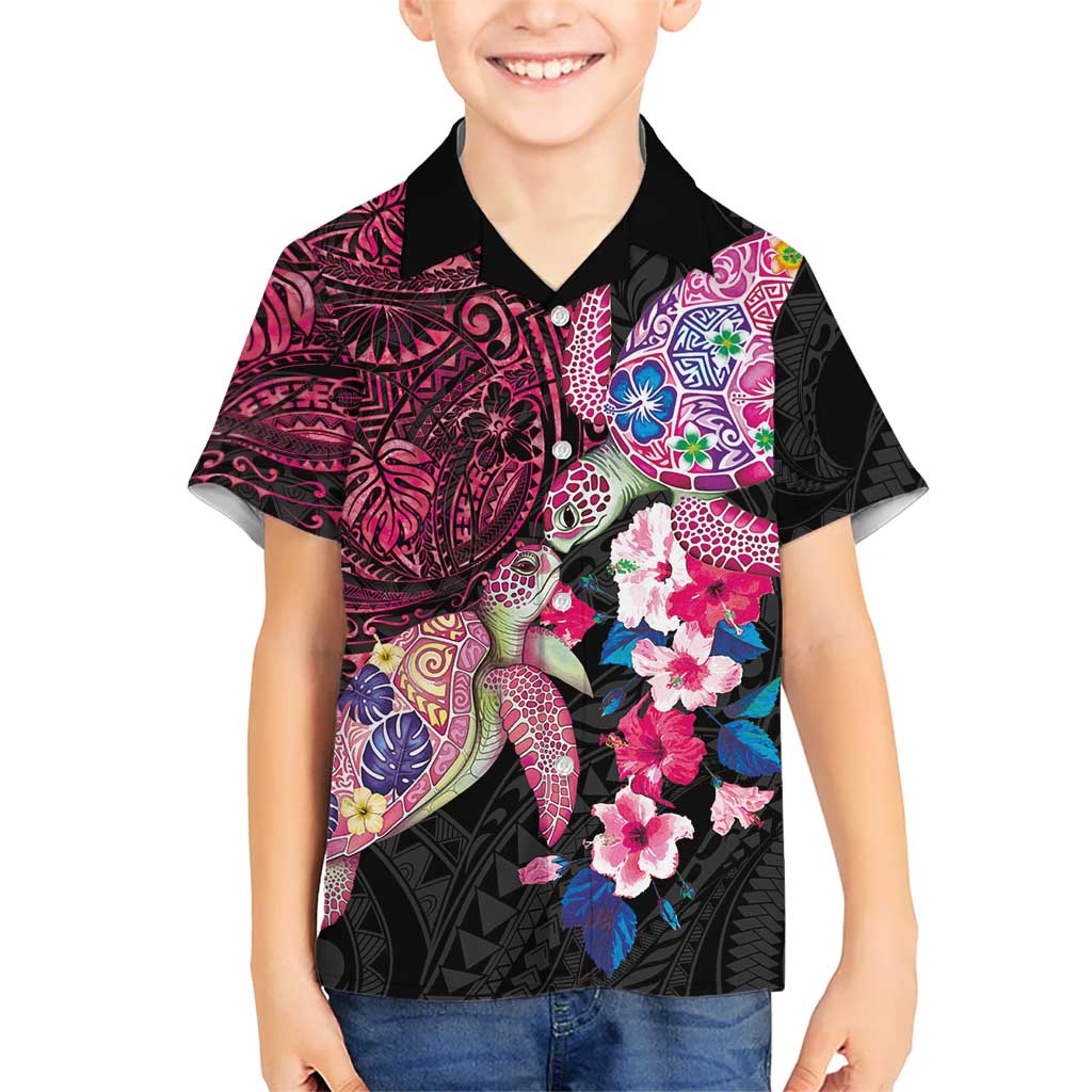 Hawaiian Couple Turtles Honi Family Matching Puletasi and Hawaiian Shirt Polynesian Art Motifs and Hibiscus Black Red Color LT03 Son's Shirt Black - Polynesian Pride