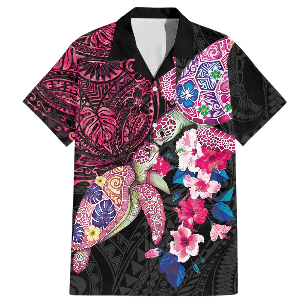 Hawaiian Couple Turtles Honi Family Matching Short Sleeve Bodycon Dress and Hawaiian Shirt Polynesian Art Motifs and Hibiscus Black Red Color LT03 Dad's Shirt - Short Sleeve Black - Polynesian Pride