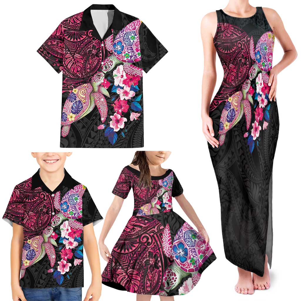 Hawaiian Couple Turtles Honi Family Matching Tank Maxi Dress and Hawaiian Shirt Polynesian Art Motifs and Hibiscus Black Red Color - Polynesian Pride