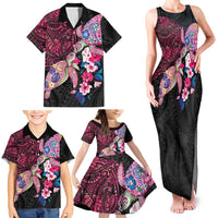 Hawaiian Couple Turtles Honi Family Matching Tank Maxi Dress and Hawaiian Shirt Polynesian Art Motifs and Hibiscus Black Red Color LT03 - Polynesian Pride