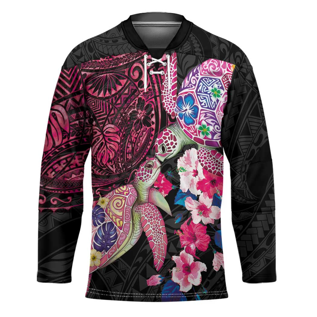Hawaiian Couple Turtles Honi Hockey Jersey Polynesian Art Motifs and Hibiscus Black Red Color LT03 Unisex Black - Polynesian Pride