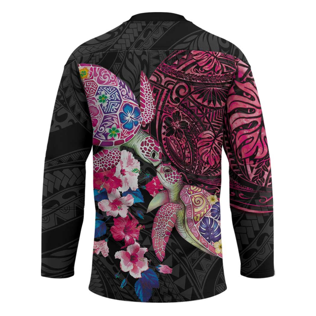 Hawaiian Couple Turtles Honi Hockey Jersey Polynesian Art Motifs and Hibiscus Black Red Color LT03 - Polynesian Pride