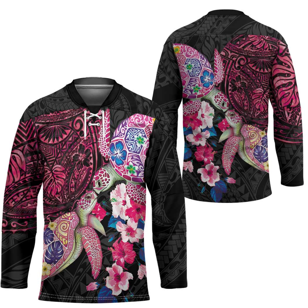 Hawaiian Couple Turtles Honi Hockey Jersey Polynesian Art Motifs and Hibiscus Black Red Color LT03 - Polynesian Pride