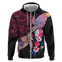 Hawaiian Couple Turtles Honi Hoodie Polynesian Art Motifs and Hibiscus Black Red Color LT03 Zip Hoodie Black - Polynesian Pride