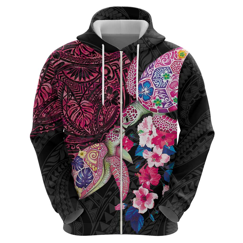 Hawaiian Couple Turtles Honi Hoodie Polynesian Art Motifs and Hibiscus Black Red Color LT03 - Polynesian Pride