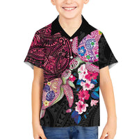 Hawaiian Couple Turtles Honi Kid Hawaiian Shirt Polynesian Art Motifs and Hibiscus Black Red Color LT03 Kid Black - Polynesian Pride