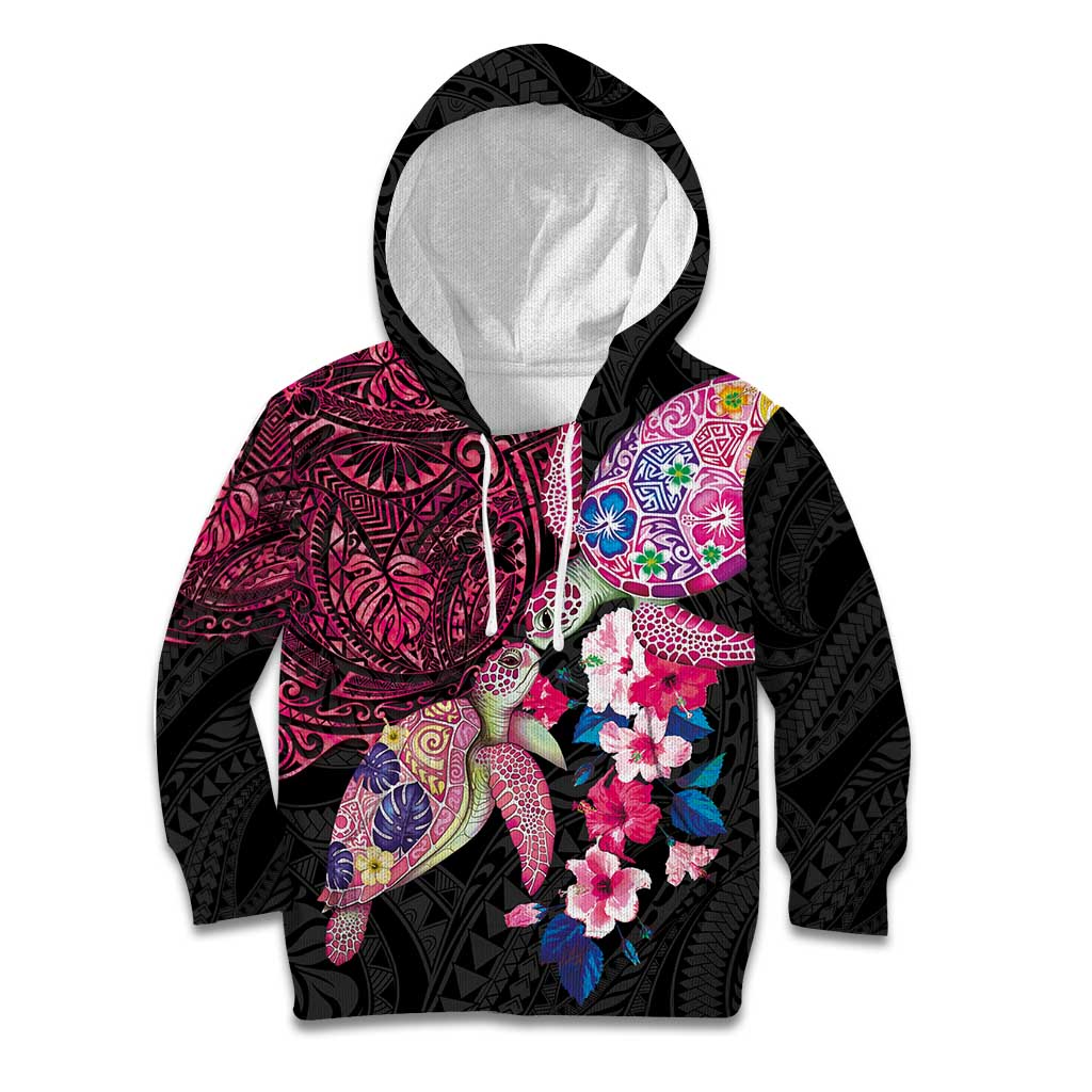 Hawaiian Couple Turtles Honi Kid Hoodie Polynesian Art Motifs and Hibiscus Black Red Color LT03 Hoodie Black - Polynesian Pride