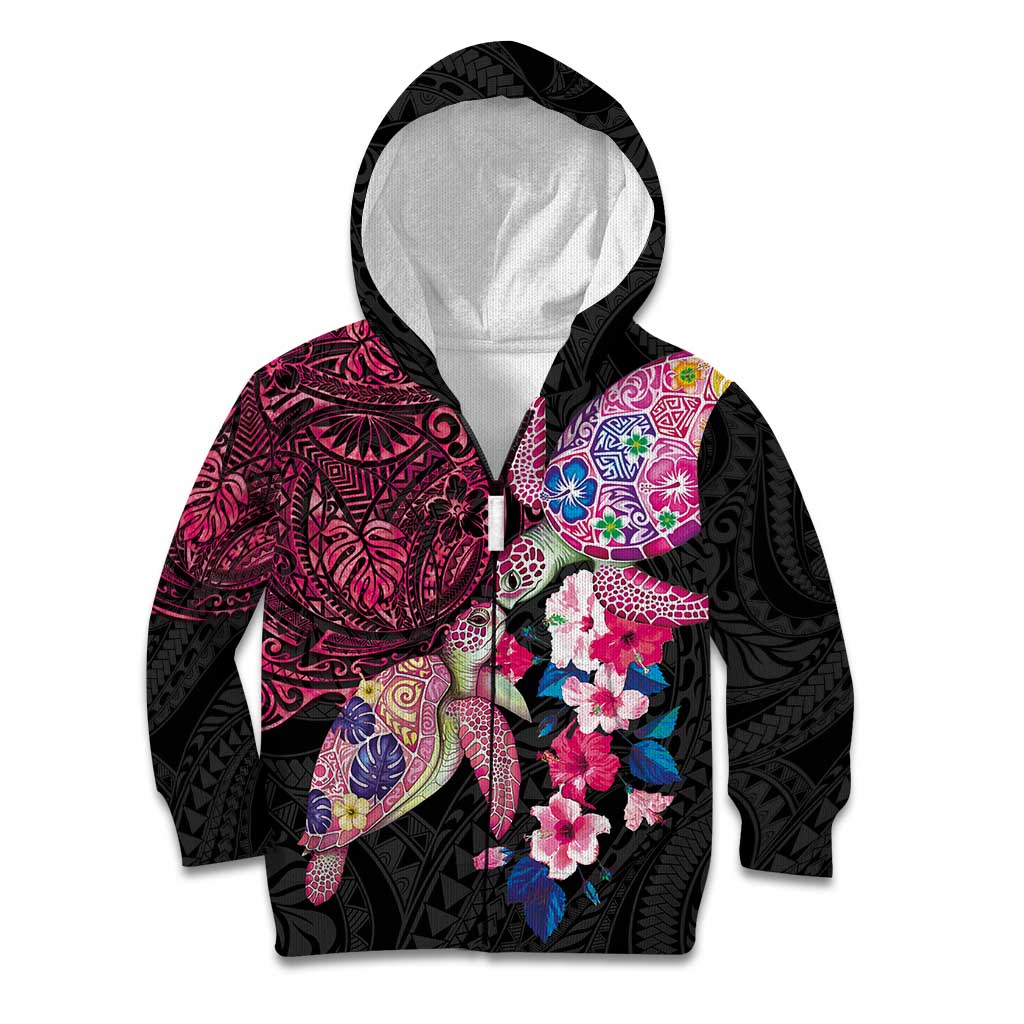 Hawaiian Couple Turtles Honi Kid Hoodie Polynesian Art Motifs and Hibiscus Black Red Color LT03 Zip Hoodie Black - Polynesian Pride