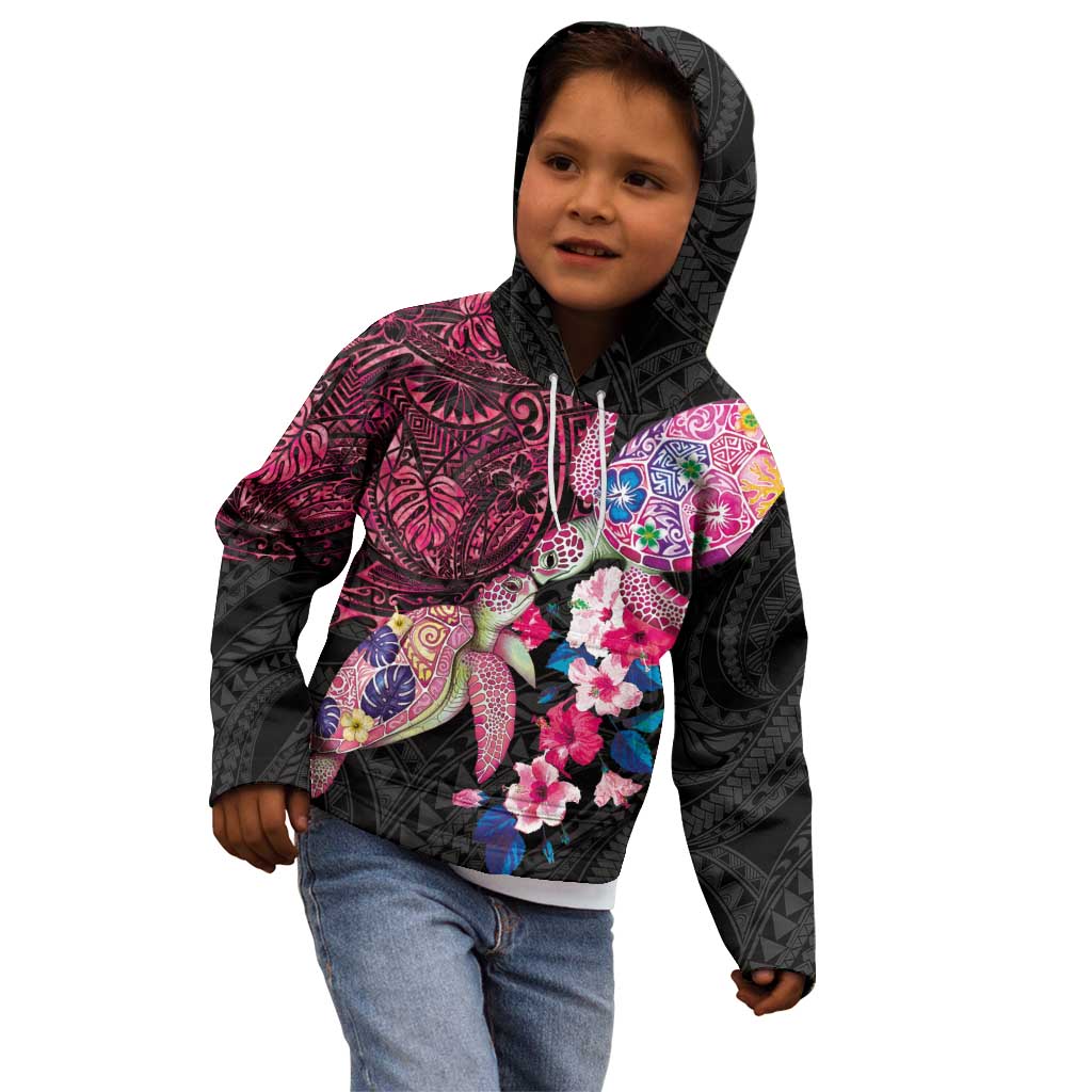 Hawaiian Couple Turtles Honi Kid Hoodie Polynesian Art Motifs and Hibiscus Black Red Color LT03 - Polynesian Pride