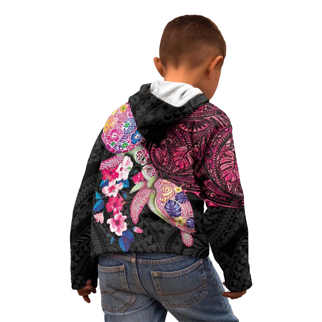 Hawaiian Couple Turtles Honi Kid Hoodie Polynesian Art Motifs and Hibiscus Black Red Color LT03 - Polynesian Pride