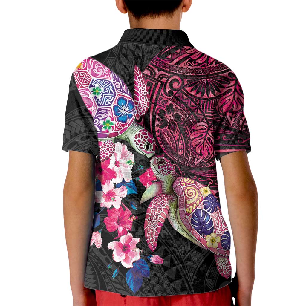 Hawaiian Couple Turtles Honi Kid Polo Shirt Polynesian Art Motifs and Hibiscus Black Red Color LT03 - Polynesian Pride