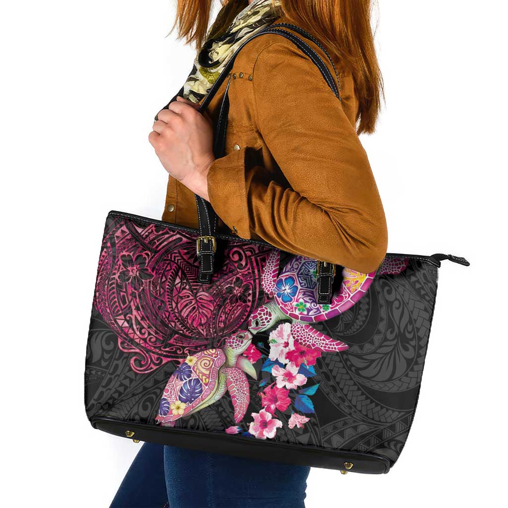 Hawaiian Couple Turtles Honi Leather Tote Bag Polynesian Art Motifs and Hibiscus Black Red Color - Polynesian Pride