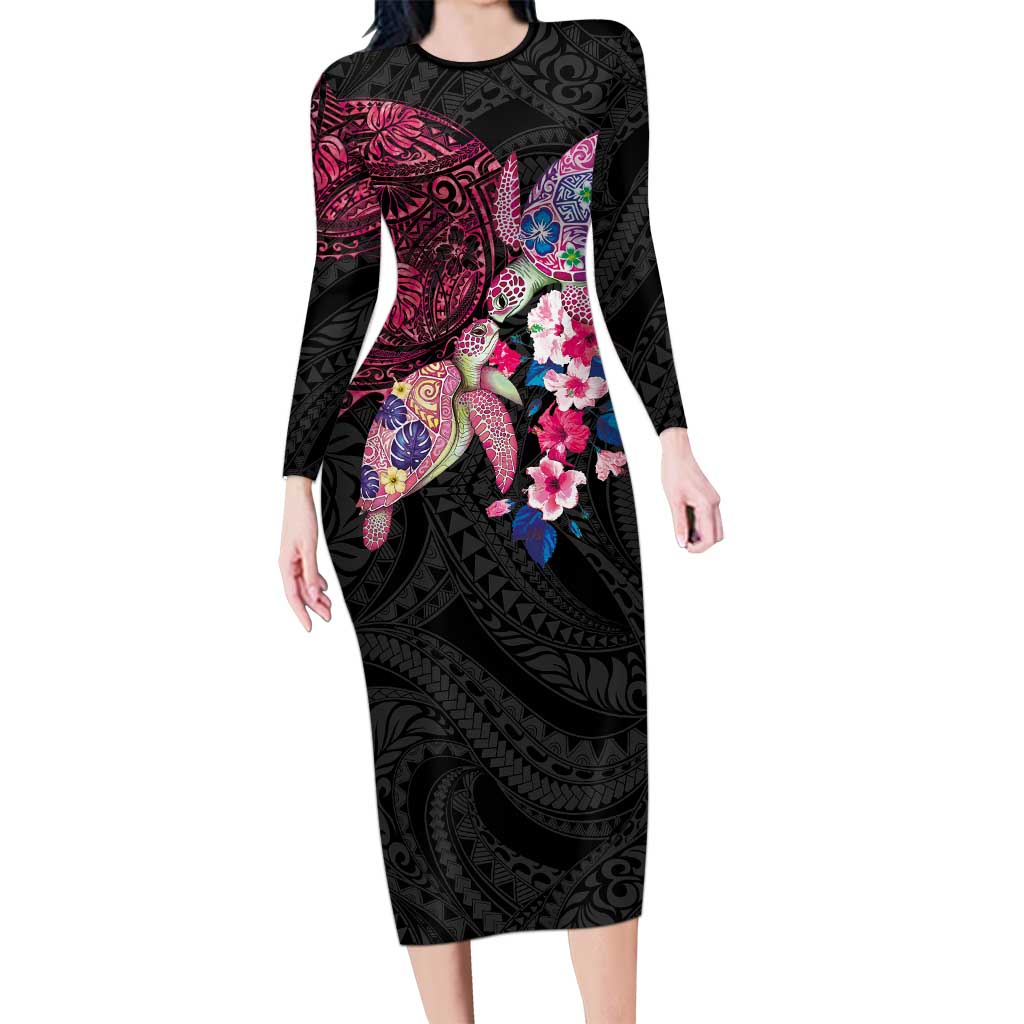 Hawaiian Couple Turtles Honi Long Sleeve Bodycon Dress Polynesian Art Motifs and Hibiscus Black Red Color - Polynesian Pride
