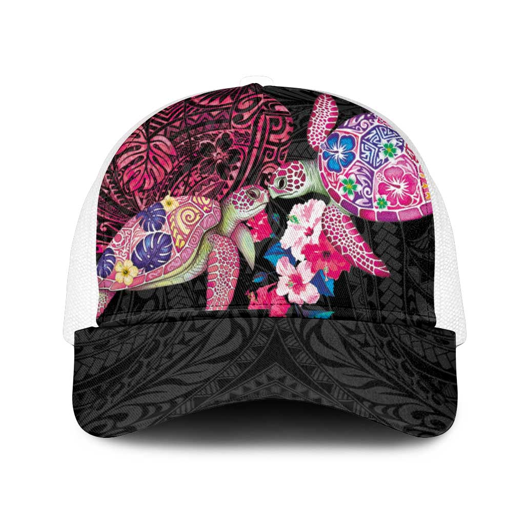 Hawaiian Couple Turtles Honi Mesh Trucker Cap Polynesian Art Motifs and Hibiscus Black Red Color - Polynesian Pride