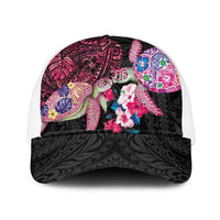 Hawaiian Couple Turtles Honi Mesh Trucker Cap Polynesian Art Motifs and Hibiscus Black Red Color - Polynesian Pride